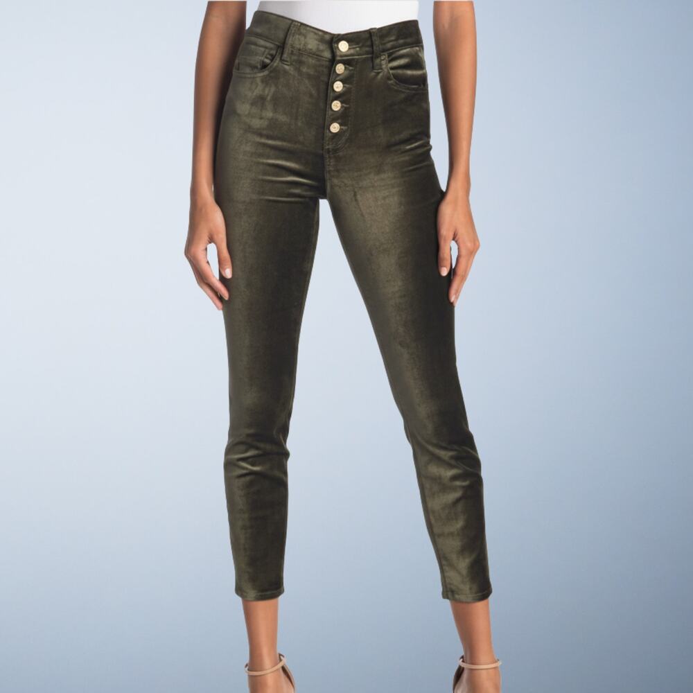 7 For All Mankind High Waist Ankle Skinny Button Fly Velvet Jeans Olive Green 28